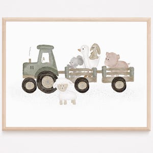 Poster Bauernhof Tiere A4 | Kinderbild Traktor Schwein Hase Gans Schaf Maus Kinderposter Babygeschenk Babyparty Kinderzimmerposter