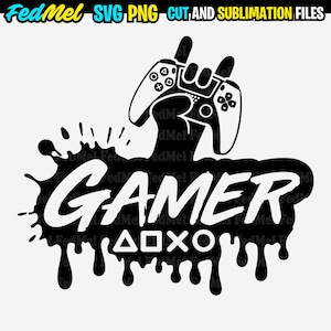 May include: Black and white graphic design of a hand holding a video game controller with the word "GAMER" and the symbols for the buttons on a video game controller.