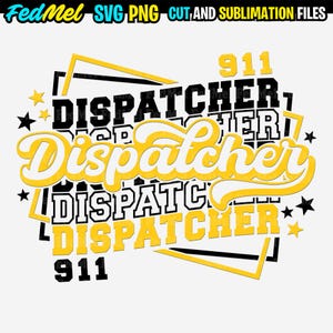 Puede incluir: Un diseño gráfico amarillo y negro con el texto "911 Dispatcher" repetido en diferentes estilos y tamaños.