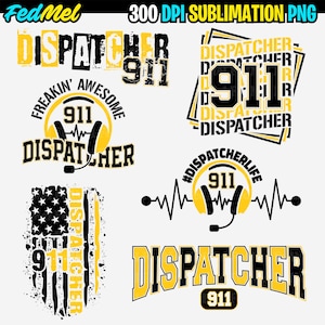 Puede incluir: Un conjunto de cinco diseños digitales con el texto "Dispatcher" y "911" en negro y amarillo. Los diseños incluyen una bandera estadounidense desgastada, una línea de ritmo cardíaco y unos auriculares con un micrófono.