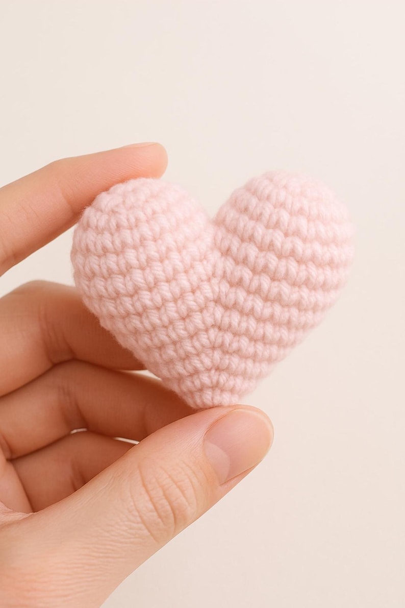 May include: A small, handmade, light pink crochet heart. The heart is held between two fingers, showcasing the textured stitches and soft color. This item is a charming, handcrafted decorative piece.