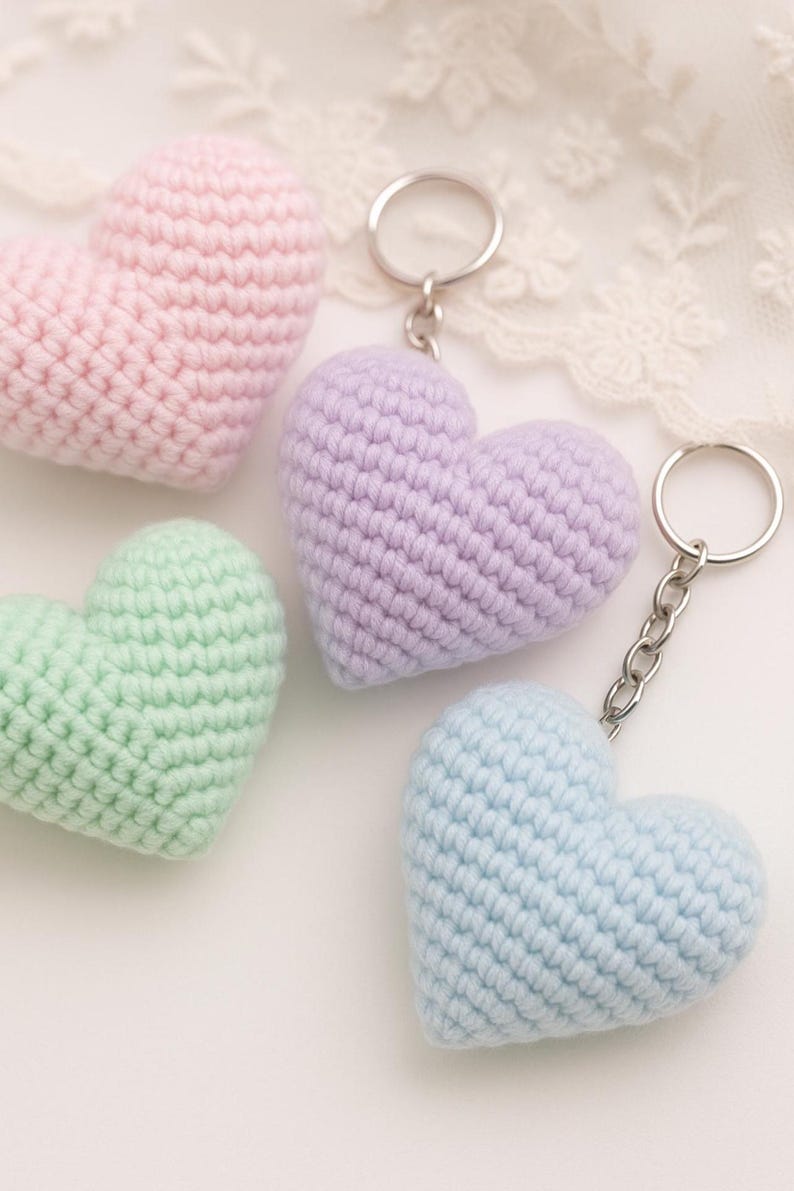 May include: Four handmade crochet heart keychains in pastel colors: pink, lavender, mint green, and light blue. Each heart is attached to a silver keyring. The keychains are made with a textured stitch.
