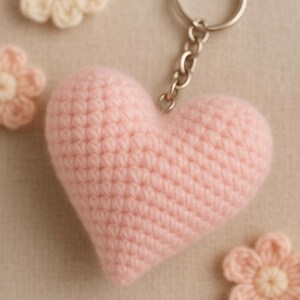 May include: A handmade, light pink crochet heart keychain with a silver chain and ring. The heart is surrounded by three small crochet flowers in shades of pink and cream. The background is a neutral beige.