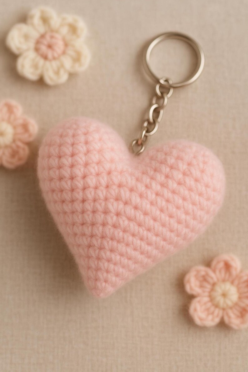May include: A handmade, light pink crochet heart keychain with a silver chain and ring. The heart is surrounded by three small crochet flowers in shades of pink and cream. The background is a neutral beige.