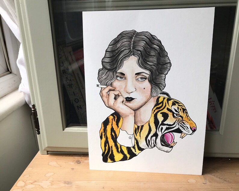 Tiger lady original drawing watercolour on 300g/m2 cold | Etsy