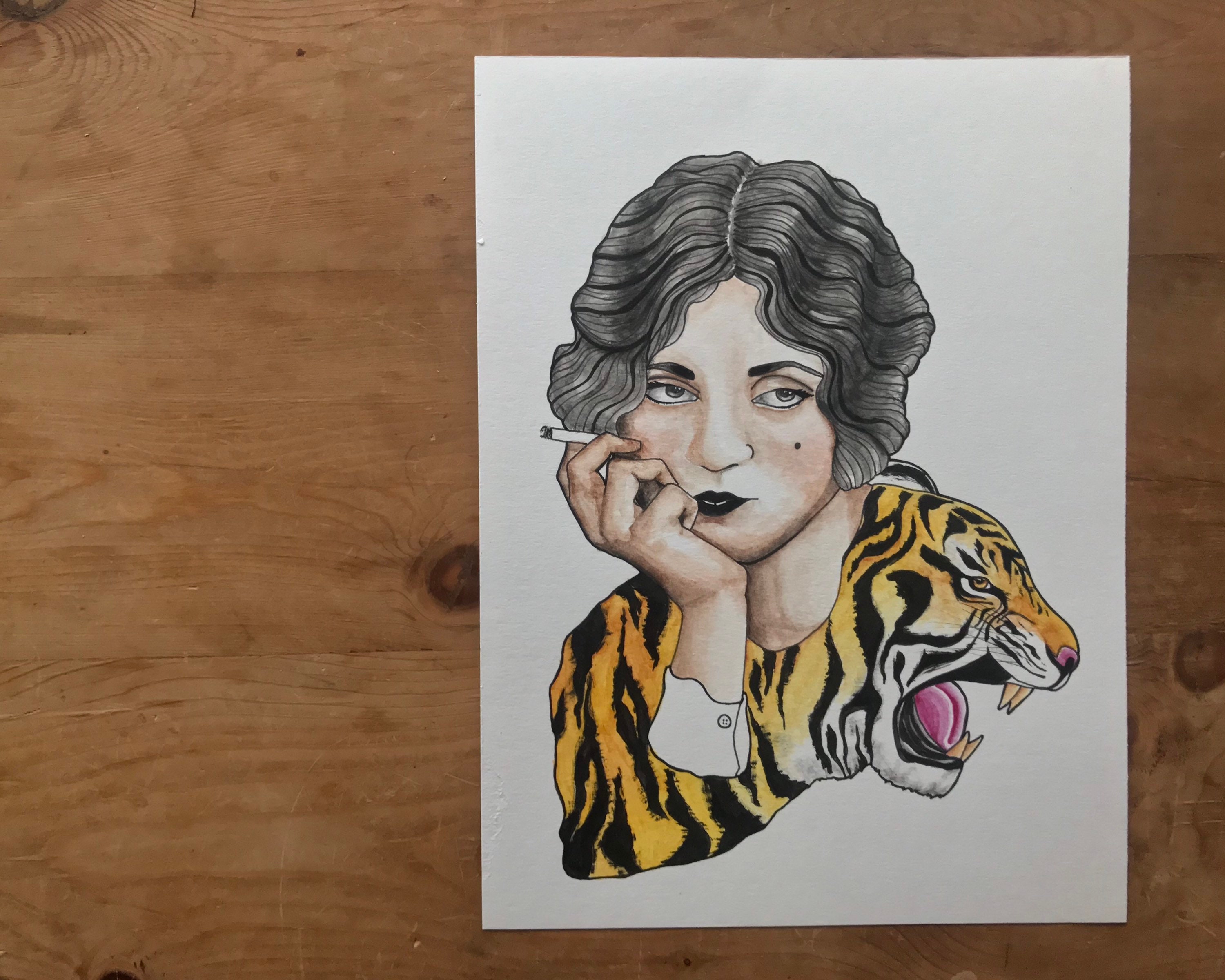 Tiger lady original drawing watercolour on 300g/m2 cold | Etsy