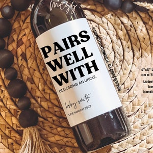 Etiqueta de vinho para anúncio de bebê, presente personalizado para anúncio de gravidez, novo presente para tio, presente para futuro tio, presente para tio, tornando-se um tio