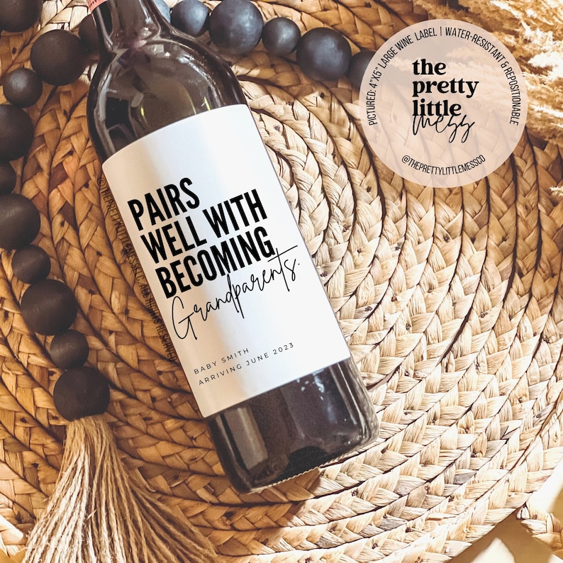 Etiquetas de vino para anunciar un bebé: regalo personalizado para anunciar el embarazo, ideal para abuelos, regalo para nuevos abuelos. imagen 1