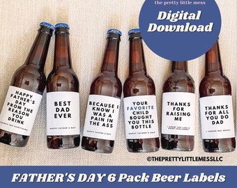 Könnte beinhalten: Sechs druckbare Bierflaschenetiketten zum Vatertag. Die Etiketten zeigen lustige und herzliche Botschaften für Papa. Die Etiketten sind 4 Zoll mal 3 Zoll groß.
