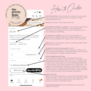 May include: Screenshot of an Etsy listing for baby announcement wine labels. The listing shows the product price, description, and options for personalization. Instructions on how to order are also displayed.