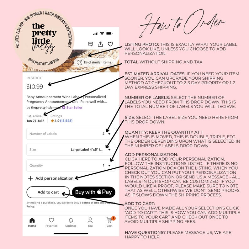 May include: Screenshot of an Etsy listing for baby announcement wine labels. The listing shows the product price, description, and options for personalization. Instructions on how to order are also displayed.