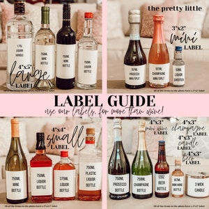 May include: A guide for different sizes of labels for wine, champagne, beer, liquor, and candles. The labels are in various sizes, including 4x5 inches, 4x4 inches, 4x3 inches, and 3x2 inches. The guide includes a label for a 1.75 liter liquor handle, 750 ml wine bottles, 750 ml liquor bottles, 375 ml liquor bottles, 750 ml plastic liquor bottles, 187 ml mini prosecco bottles, 187 ml mini champagne bottles, 12 oz beer bottles, 187 ml mini wine bottles, and 3 wick candles.