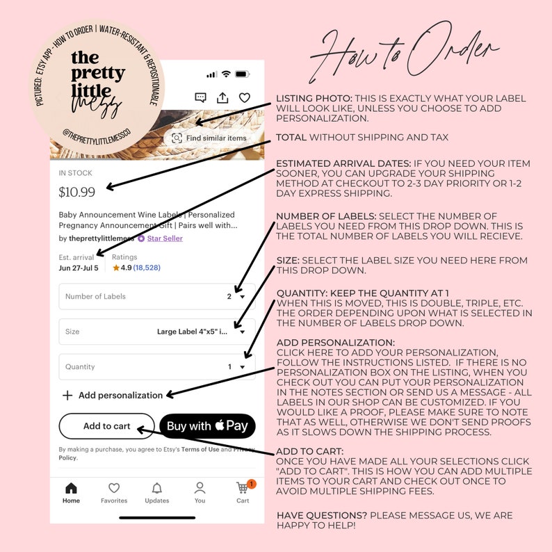 May include: A screenshot of an Etsy shop listing for personalized baby announcement wine labels. The listing shows a price of $10.99, a star rating of 4.9, and a variety of options for customizing the labels, including size, quantity, and personalization. The listing also includes information about estimated arrival dates and shipping options.