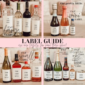 May include: A guide for different sizes of labels for wine, champagne, beer, liquor, and candles. The labels are in various sizes, including 4x5 inches, 4x4 inches, 4x3 inches, and 3x2 inches. The guide includes a label for a 1.75 liter liquor handle, 750 ml wine bottles, 750 ml liquor bottles, 375 ml liquor bottles, 750 ml plastic liquor bottles, 187 ml mini prosecco bottles, 187 ml mini champagne bottles, 12 oz beer bottles, 187 ml mini wine bottles, and 3 wick candles.