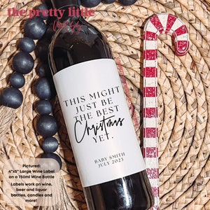 Etiquette de vin de Noël, Faire-part de grossesse pour Noël, Plus on est joyeux, Fête de Noël, Cadeau des fêtes, Idées cadeau Noël pour grands-parents