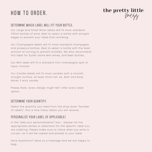 May include: How to order instructions for wine, champagne, and candle labels. The text includes information about label sizes, quantities, and personalization options.