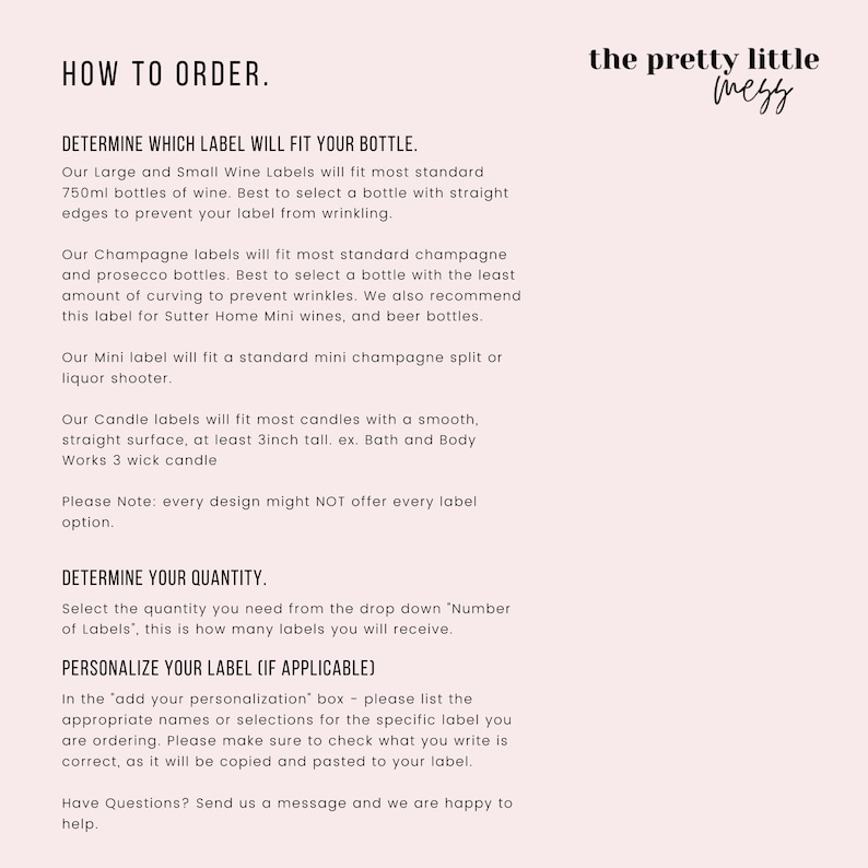 May include: How to order instructions for wine, champagne, and candle labels. The text includes information about label sizes, quantities, and personalization options.