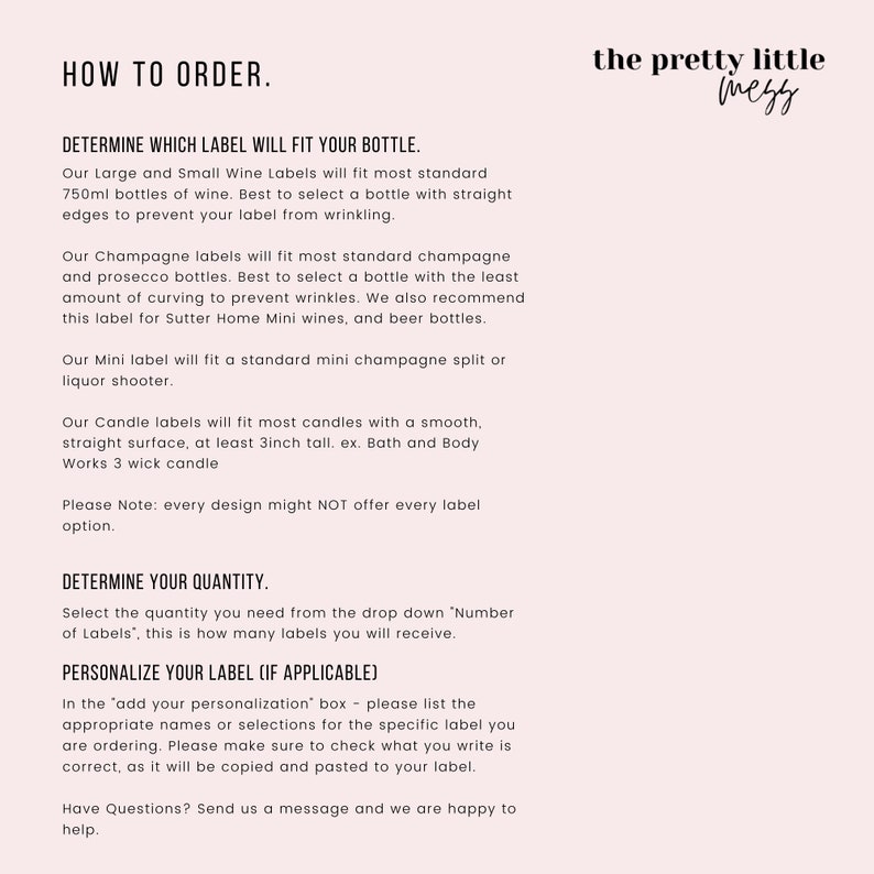 May include: How to order instructions for wine, champagne, and candle labels.  The text includes information about label sizes, quantity, and personalization options.