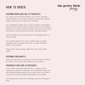 May include: How to order instructions for wine, champagne, and candle labels. The text includes information about label sizes, quantities, and personalization options.