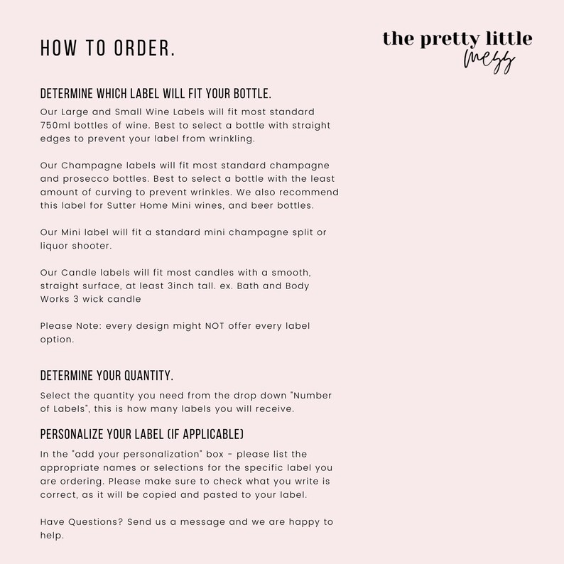 May include: How to order instructions for wine, champagne, and candle labels. The text includes information about label sizes, quantities, and personalization options.