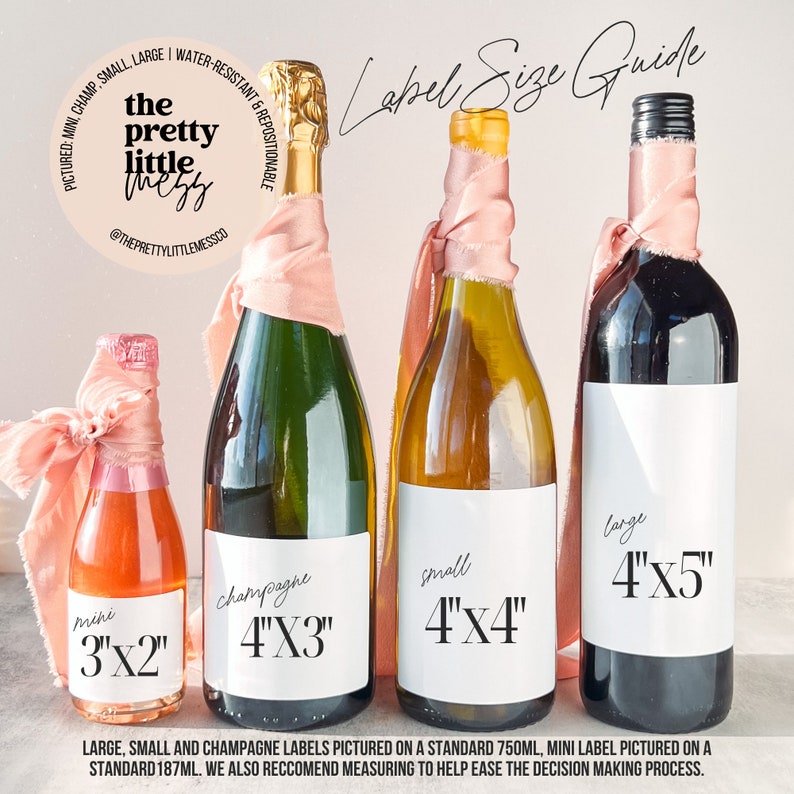 May include: Four wine bottles with labels showing different sizes: mini (3"x2"), champagne (4"x3"), small (4"x4"), and large (4"x5"). The bottles are wrapped in pink ribbon and are on a white background.