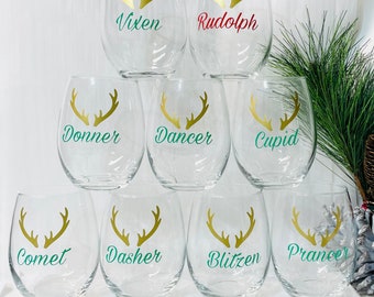 Set of Nine Reindeer Glasses, Reindeer Glasses, Custom Christmas Glass, Fun Christmas Glasses, Personalized Christmas Gift, Family Gift