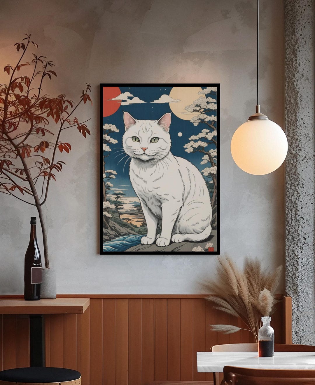 Japanese White Cat Framed Vertical Poster Wall Art - Ukiyo E Inspired ...