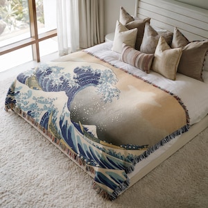 Woven throw Blanket, Great Wave Off Kanagawa Hokusai,  Japanese art tapestry, Wall Hanging, Japandi Decor, Jacquard blanket