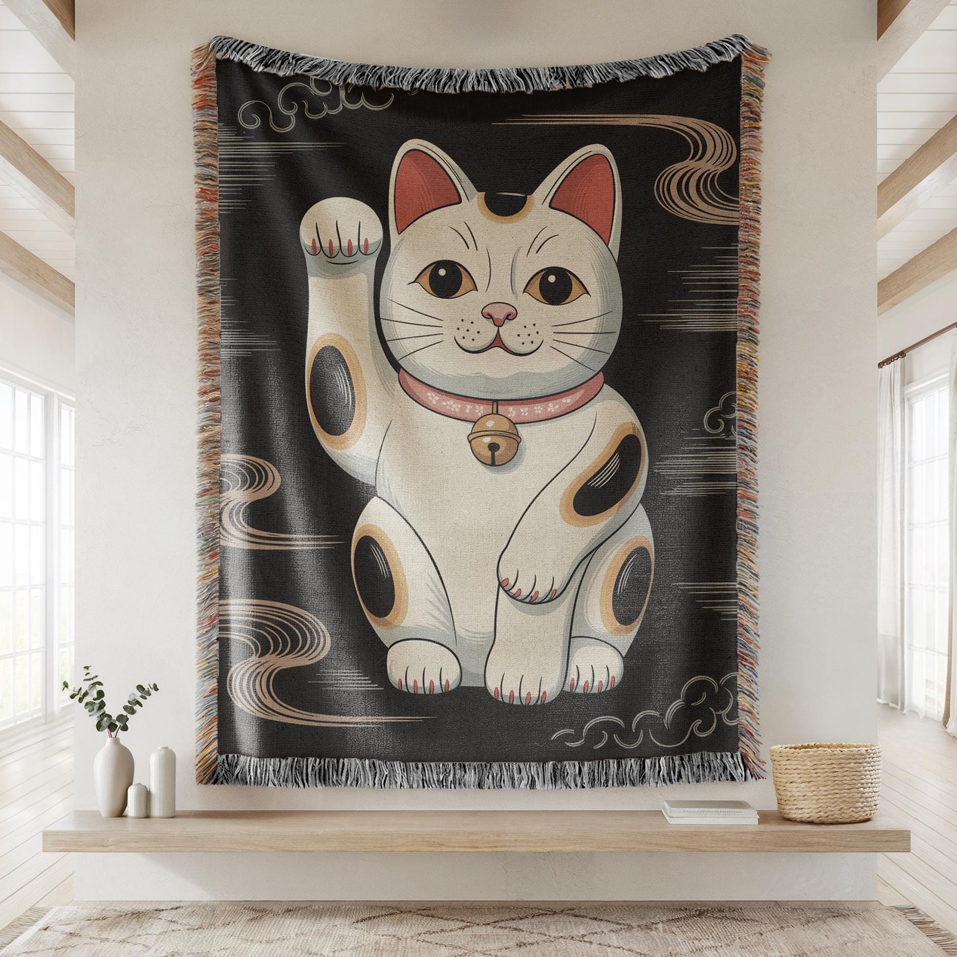 織りスローブランケット、招き猫の壁掛けタペストリー、日本の壁アート 