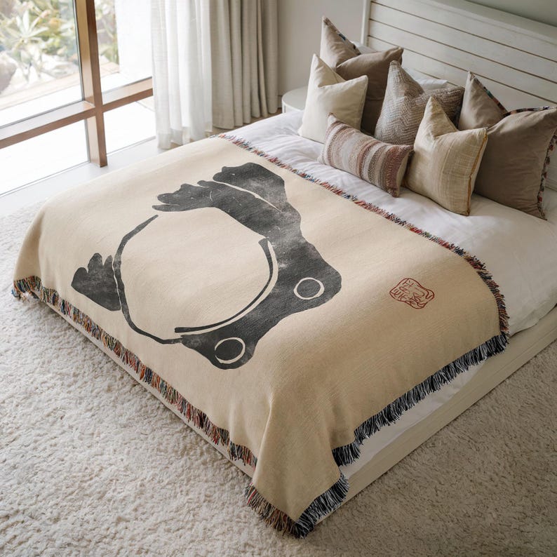 Grumpy Toad Woven Blanket - Matumoto Shoji Frog Japanese Art Tapestry Wall Hanging, Japandi Decor, Wabi Sabi, Cozy Home Accent