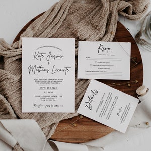 French together wedding invitation cards, wedding invitation template, minimalist wedding invitation, invitation to customize corjl