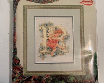 LANARTE 33989 Angel Cupid Monogram Initial R Cross Stitch Needlepoint DMC Kit Fabric Floss Needle Pattern