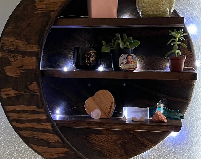 Moon wall shelf, Wood moon shelf, Round wall shelf, Crystal shelf, Unique wall shelf, Curio shelf wall, Witchy shelf, Crescent moon shelf