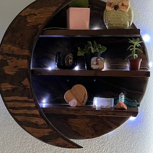 Moon wall shelf, Wood moon shelf, Round wall shelf, Crystal shelf, Unique wall shelf, Curio shelf wall, Witchy shelf, Crescent moon shelf