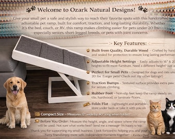 12"x40" Adjustable Pet Ramp – 16" & 20" Heights – For Small Dogs <20lbs, Traction Bumps and Rubber Feet, Bed or Couch Access