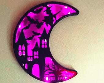 Lighted Halloween Shadow Box: Moon Witch Haunted House Decor