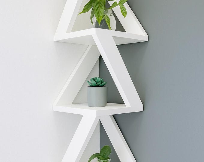 Corner Display Shelf for Succulents, Toys & Books, Solid Wood Wall Storage, Handmade Mid-Century Modern Decor, House Warming Gift, Easy Hang