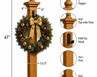 Outdoor Wreath Stand for Porch, 45" Wooden Wreath Holder with Fold-Up Hook, 4x4 Post, 7x7 Base & 2.5" Top, Farmhouse Front Door Decor