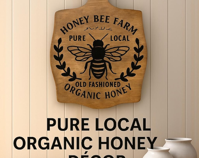 Rustic Pine “Honey Bee Farm” Sign – Organic Honey Farmhouse Wall Decor – Country Kitchen Bee Art – Beekeeper Gift – Rustic Wall Hanging