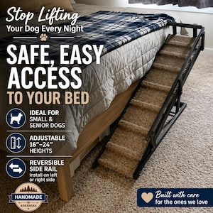 May include: A black dog ramp with tan carpeted steps provides safe and easy access to a bed. The ramp is adjustable from 16 to 24 inches in height and has a reversible side rail. Text on the image reads "Stop Lifting Your Dog Every Night."