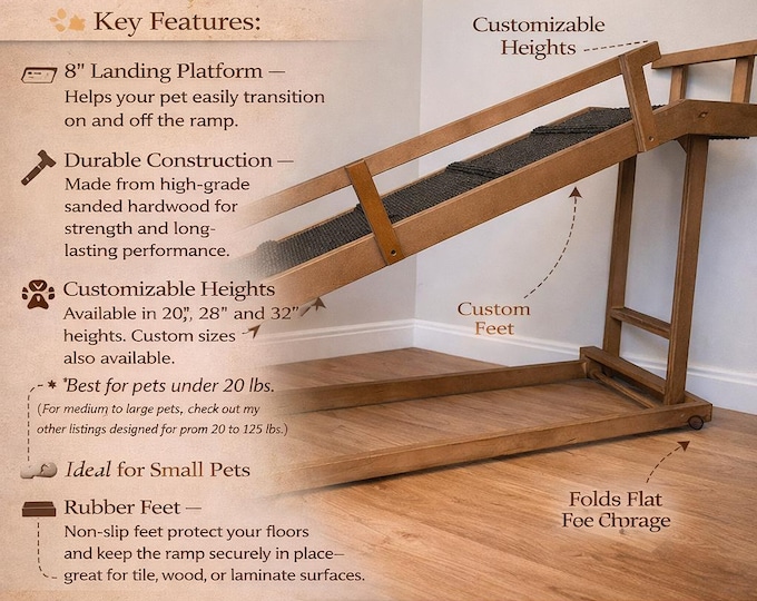Featured listing image: 12" Wide by 48" Long 20" High Pet Ramp With 8" Platform – 1 Side & 1 Top Rail, Carpet with Traction Bumps, Small - Medium Pets Non-Slip feet