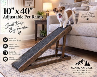 Small Dog Ramp for Bed – 10x40 Adjustable Pet Ramp – 16"–20" High – Folding Wooden Dog Ramp for Couch or Bed