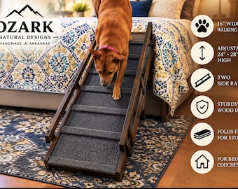 Large Dog Ramp for Bed – 16x56 Adjustable Pet Ramp – 24", 28" & 32" High – Wooden Dog Ramp with Side Rails