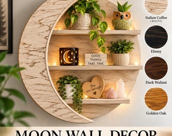 Crescent Moon Wall Shelf | Handmade Moon Wall Decor | Crystal Display Shelf | Celestial Home Decor | 22” Round Wooden Moon Shelf