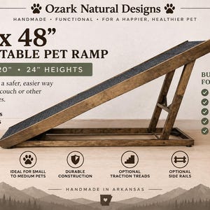 May include: An adjustable wooden pet ramp measuring 12 inches by 48 inches with a dark wood finish and a textured surface. The ramp features adjustable height settings of 16, 20, and 24 inches, supports over 150 lbs, and includes optional side rails.