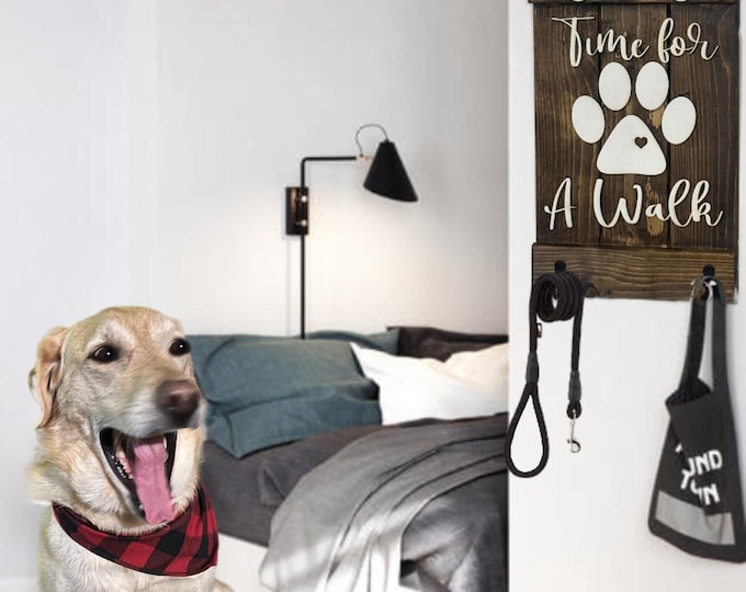 Rustic Pet Leash and Key Holder - 3D "Time For A Walk" Sign - Handcrafted Wooden Wall Art - Unique Pet Lover Gift - Functional Home Decor
