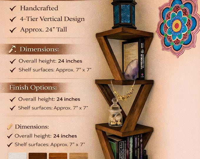 Featured listing image: 4-Tier Corner Display Shelf: Handmade Solid Hardwood Mid-Century Modern Decor