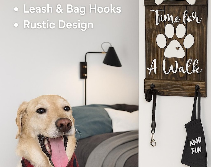 Rustic Pet Leash and Key Holder - 3D "Time For A Walk" Sign - Handcrafted Wooden Wall Art - Unique Pet Lover Gift - Functional Home Decor
