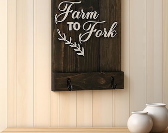 Farm to Fork Rustic Kitchen Sign: Wooden Farmhouse Decor with Hooks