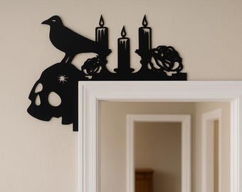 Halloween Wooden Door Corner Topper – 18x12 Inch Skull, Candles, Crow, Roses, Spooky Rustic Fall Door Frame Décor